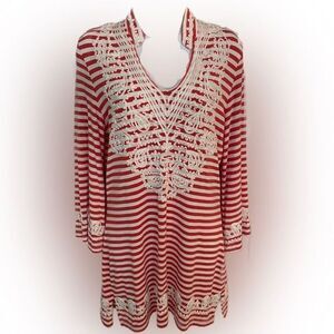 Christina Embroidered Tunic - M red /white embroidered detail ,